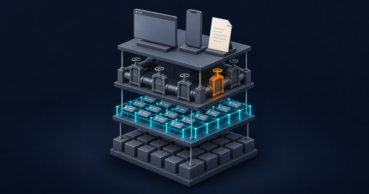 An isometric cutaway of a four-tier stack: storage blocks, a metadata lattice, a governance ring, and three delivery surfaces, with only the metadata lattice lit