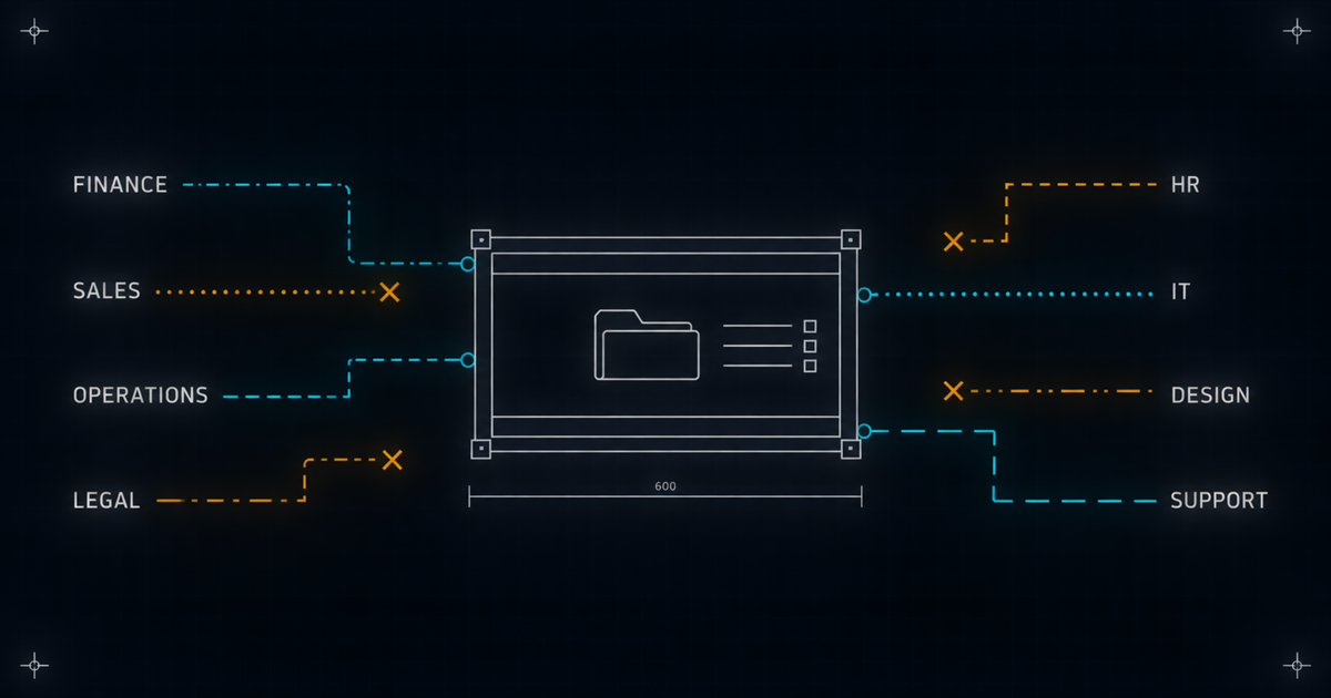 Engineering schematic of a shared network drive with eight departmental access lines, four amber and terminating in X markers