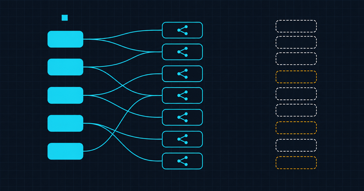 A three-column field model figure with five solid required chips, seven outlined conditional chips, and nine faint optional chips, three of them amber