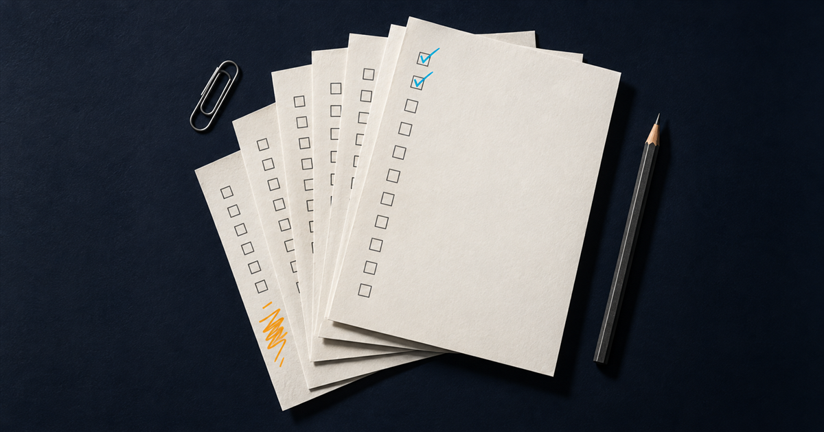 A fan of off-white audit request sheets with an empty checkbox column, two cyan ticks near the top and one amber annotation at the bottom