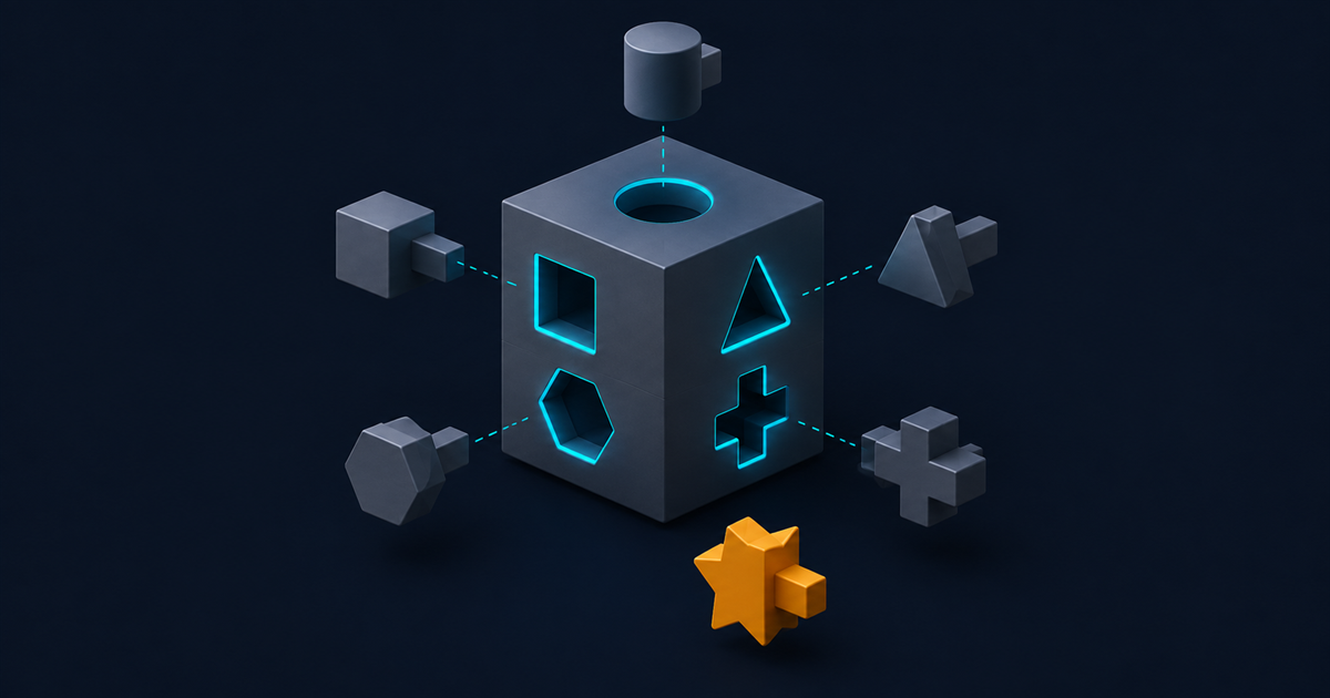 An isometric matte cube with six machined sockets of different key shapes and six floating connector plugs, one of them amber and matching nothing
