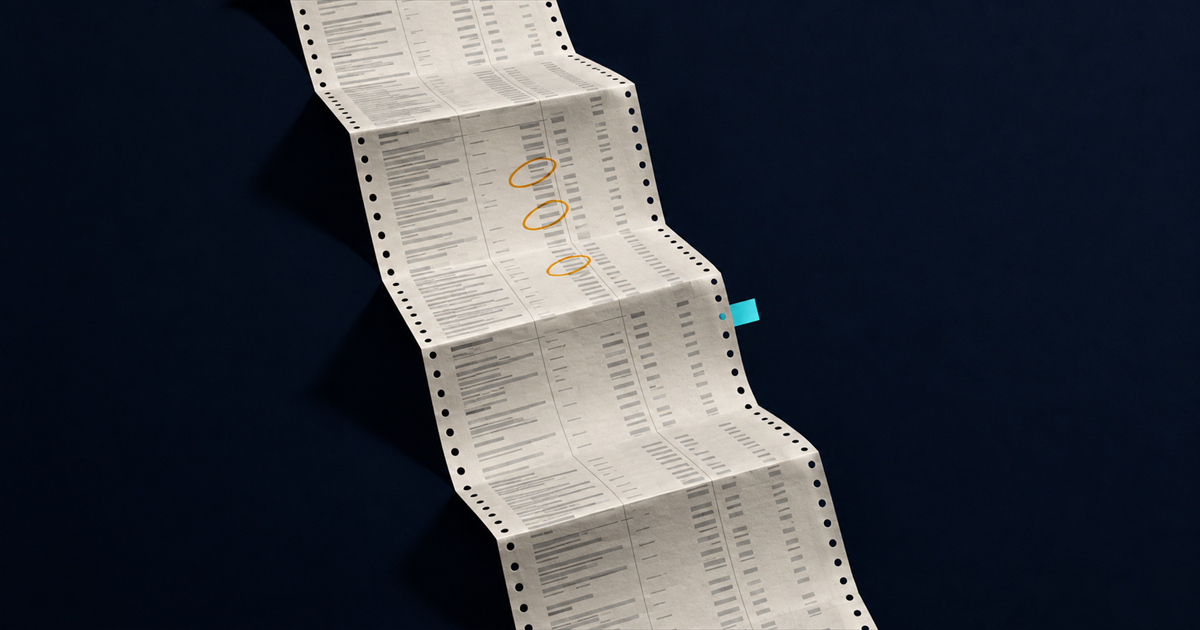 A fanfold invoice cascading across deep navy under raking light, most lines grey, three circled in amber, one page edge tabbed in cyan