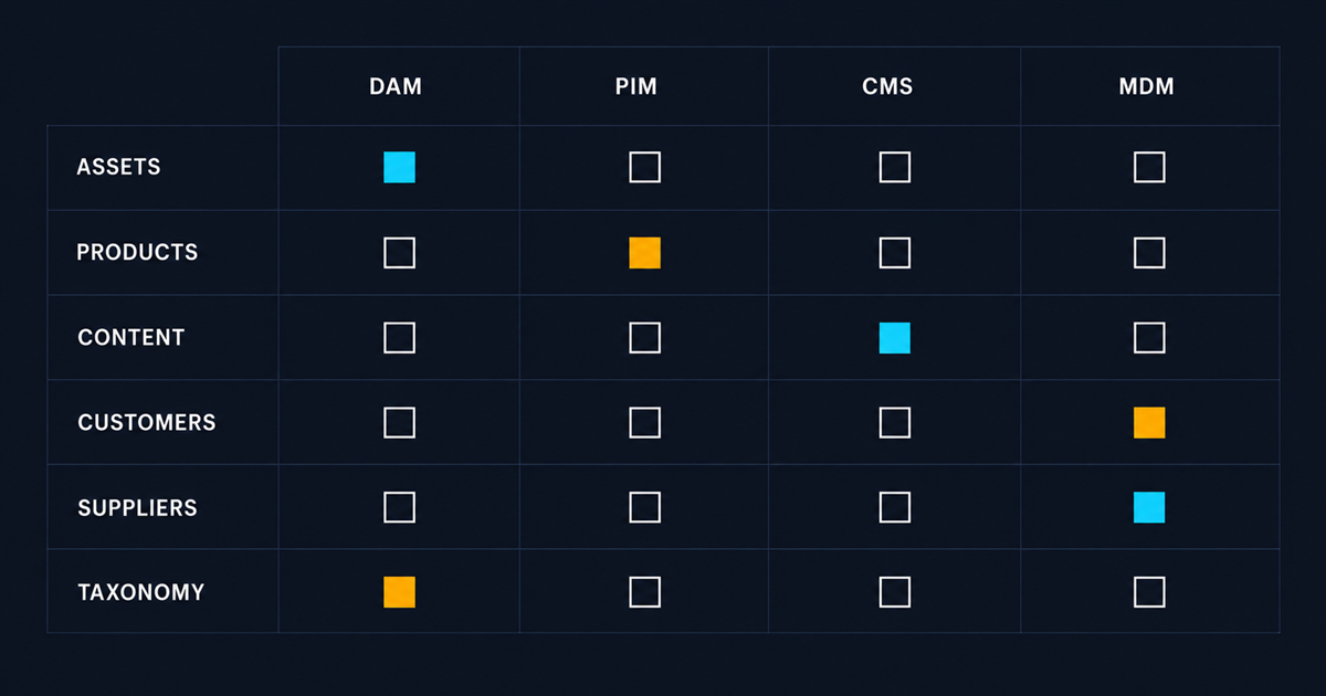 A responsibility matrix grid with six domain rows and four system columns, solid cyan for ownership, hollow for consumption, amber in three contested cells