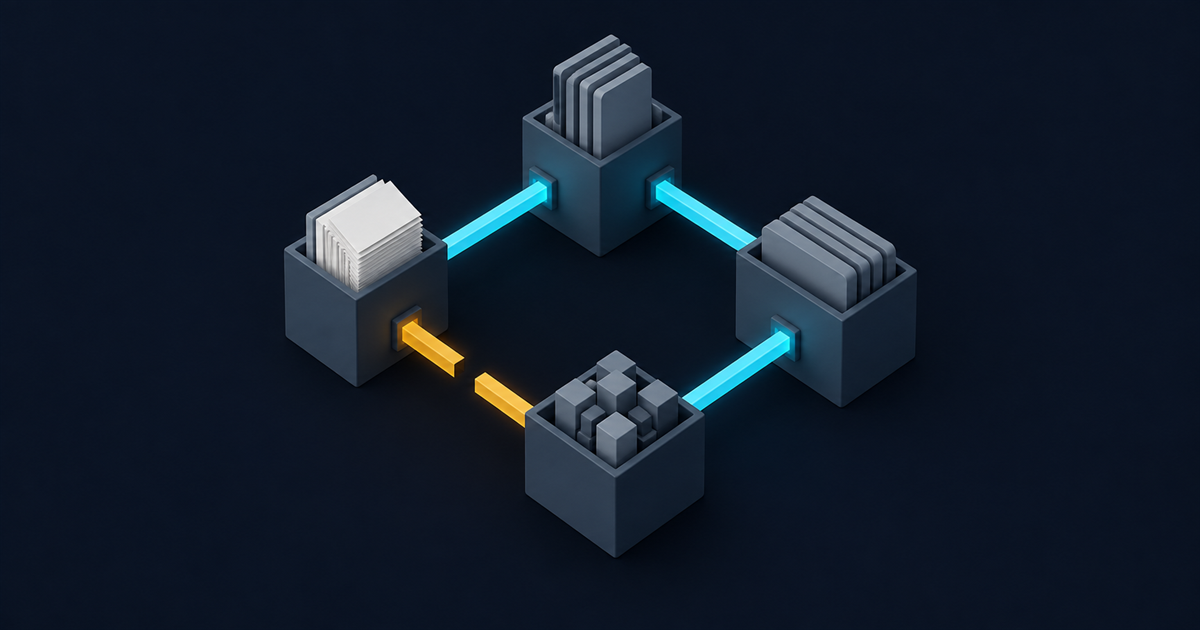 Four isometric matte filing volumes holding different record shapes, connected in a ring by thin cyan bridges, one bridge amber and broken in the middle