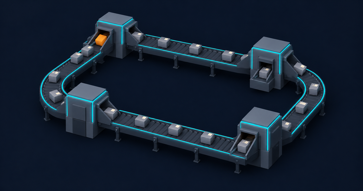 An isometric conveyor loop carrying tagged parcels between four station blocks, with one station jammed amber and parcels backed up behind it