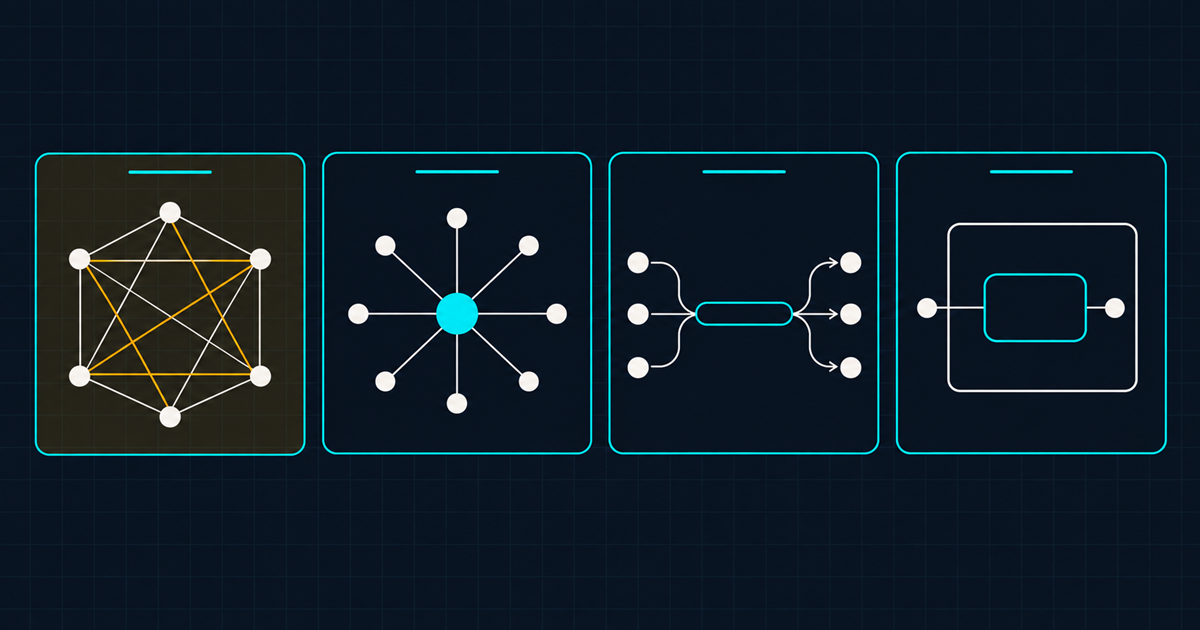Four small pattern cards in a row showing point-to-point, hub and spoke, event driven and embedded widget topologies, the point-to-point card visibly tangled and tinted amber