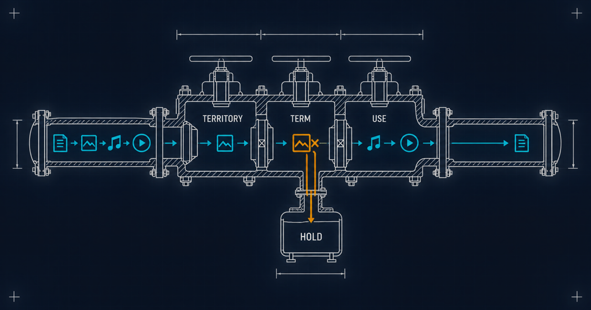 An engineering schematic of a rights clearance gate with three sequential interlocks, one token stopped amber at the second and vented to a hold tank