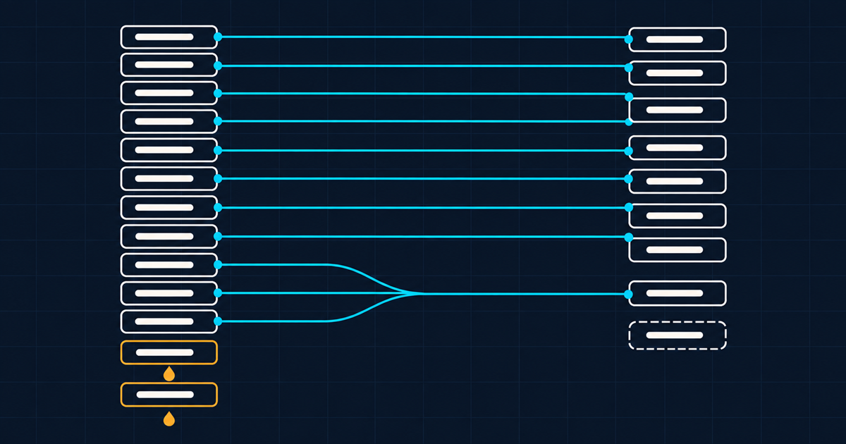 A field mapping figure with mostly clean cyan one-to-one lines, three converging many-to-one lines, and two amber source slots with drop icons