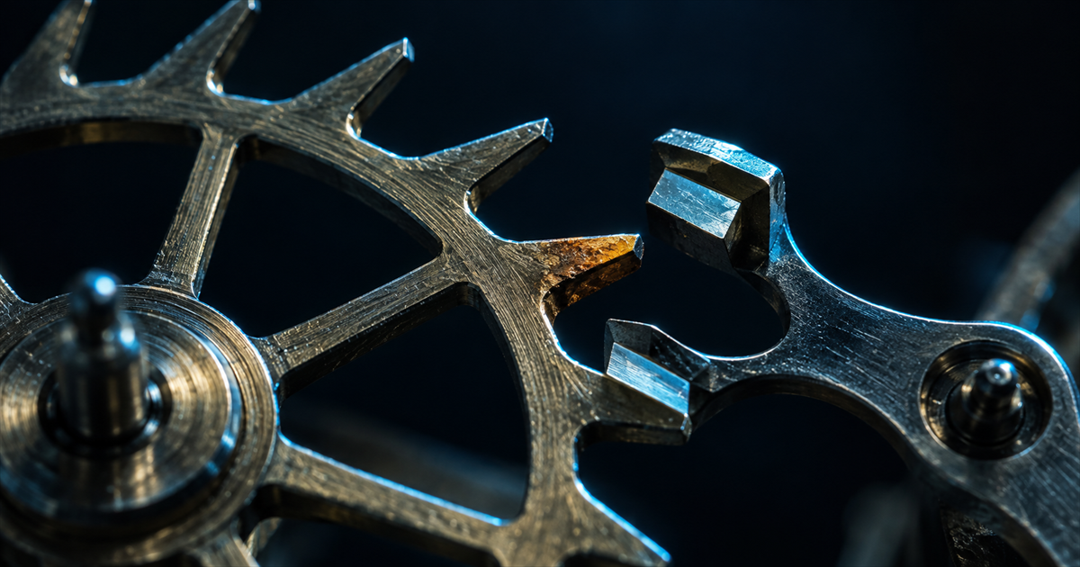 Extreme macro of a watch escape wheel and pallet fork under a raking cyan light, one tooth discoloured amber