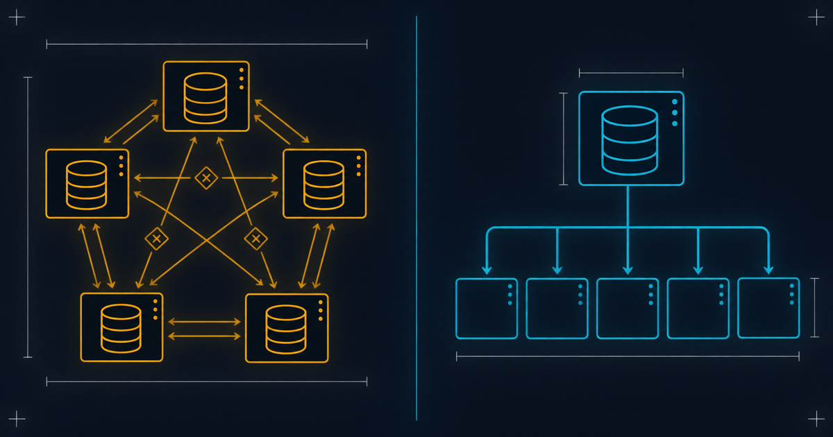 A schematic split by a vertical rule: five amber store blocks each holding a copy with chaotic sync arrows on the left, one cyan master feeding five consumer panels through a single reference bus on the right