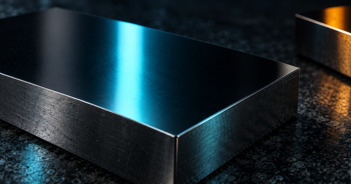 Extreme macro of a mirror-flat lapped gauge block on a granite surface plate reflecting a cyan light bar, with an amber reflection from a misaligned second block