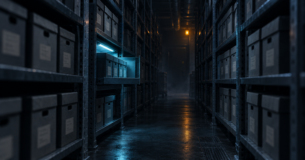 A cold storage archive aisle receding into darkness, one shelf pulled out and lit from within by a cyan strip, a single amber lamp far down the aisle