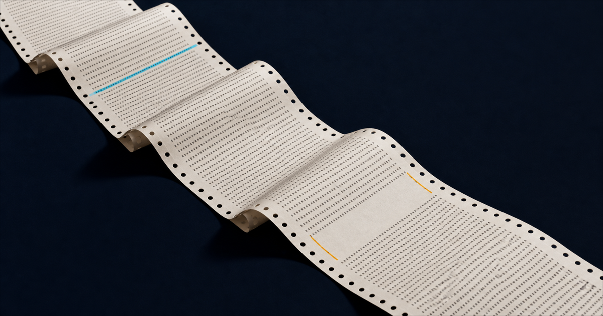 An off-white tractor-feed log strip unspooling across deep navy, one row marked with a cyan line and a missing section edged in amber