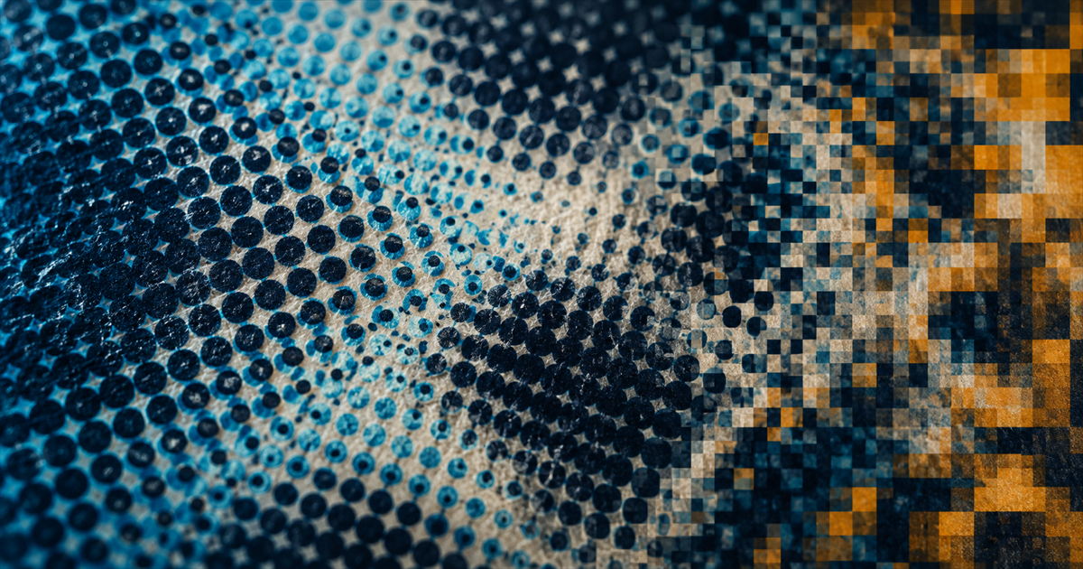 Extreme macro of a printed halftone rosette on paper fibre under raking cyan light, degrading into amber blocky compression artefacts on the right third