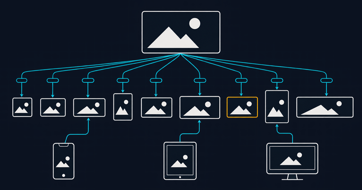 A responsive delivery ladder with one master card feeding nine derived output rectangles by parameter, three device outlines pointing at their rungs