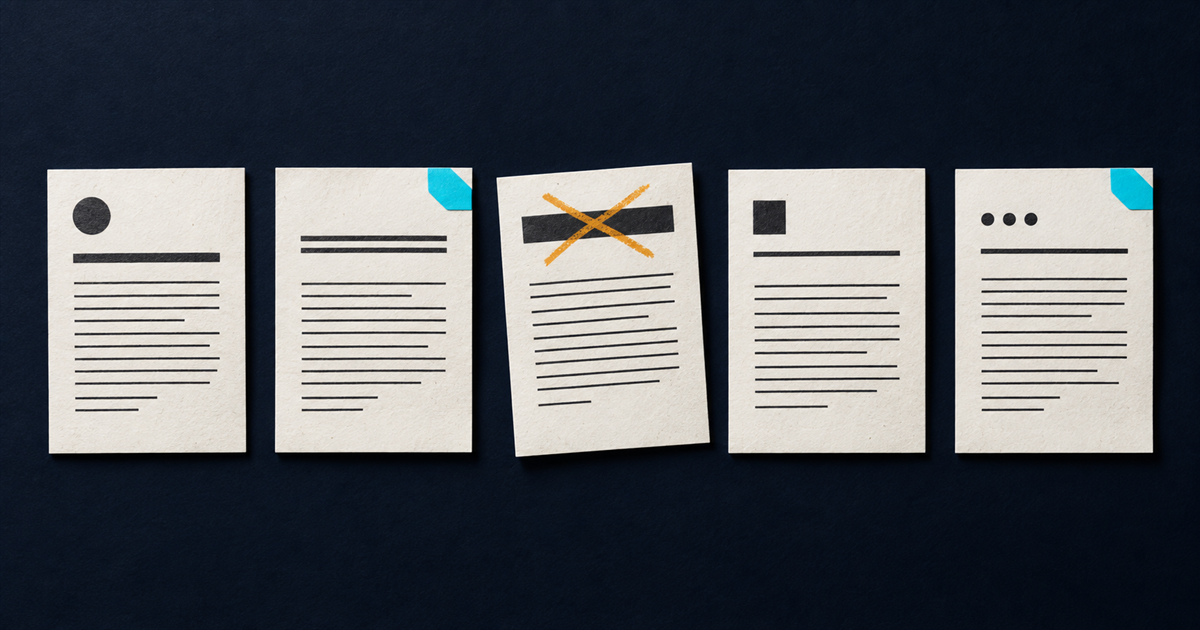 Five off-white index cards in a row with different printed headers, two carrying cyan corner tabs, one turned out of alignment with an amber cross