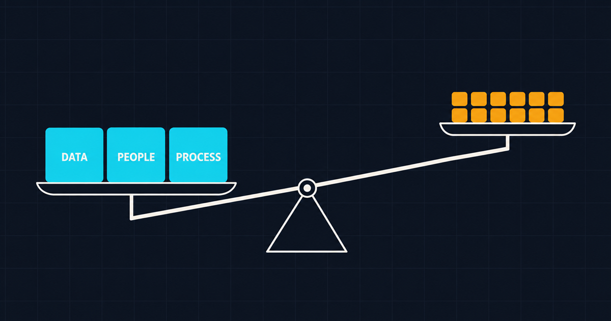 A balance beam tilted left with three large cyan blocks outweighing twelve tiny amber ones