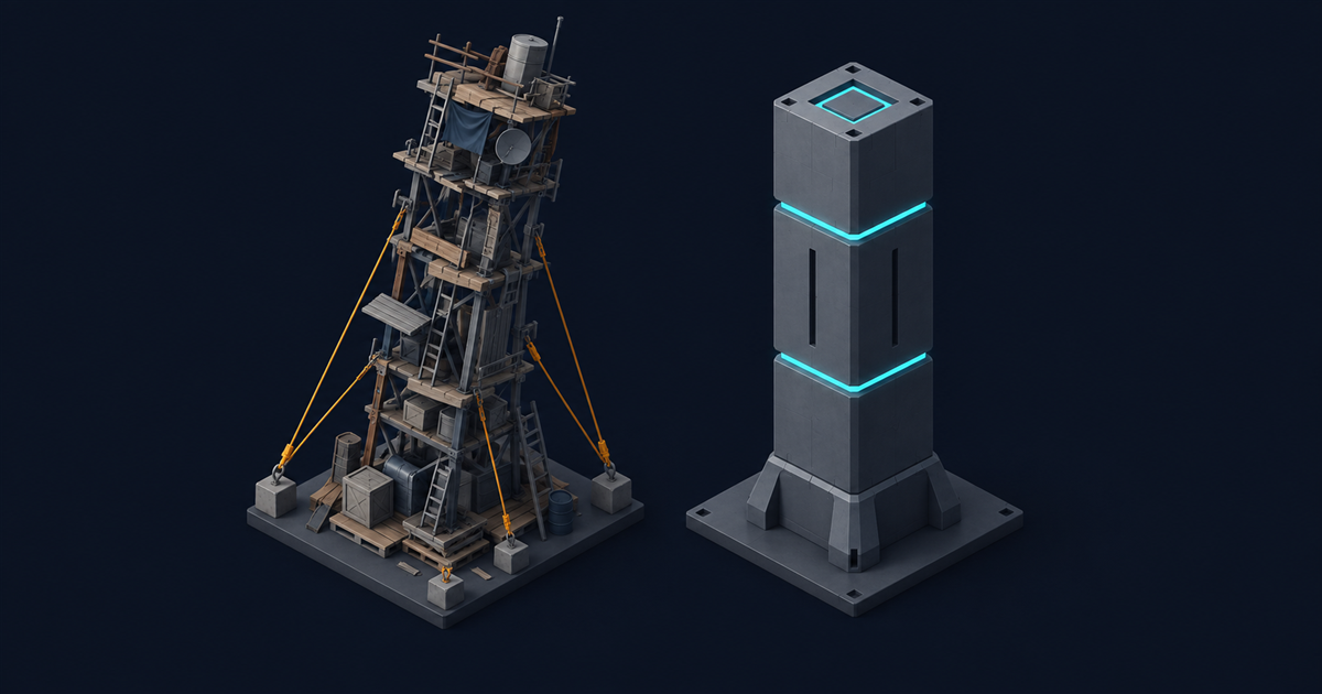 Two isometric constructions: a leaning improvised scaffold of mismatched parts strained by amber cables, beside a compact four-component module with cyan seams